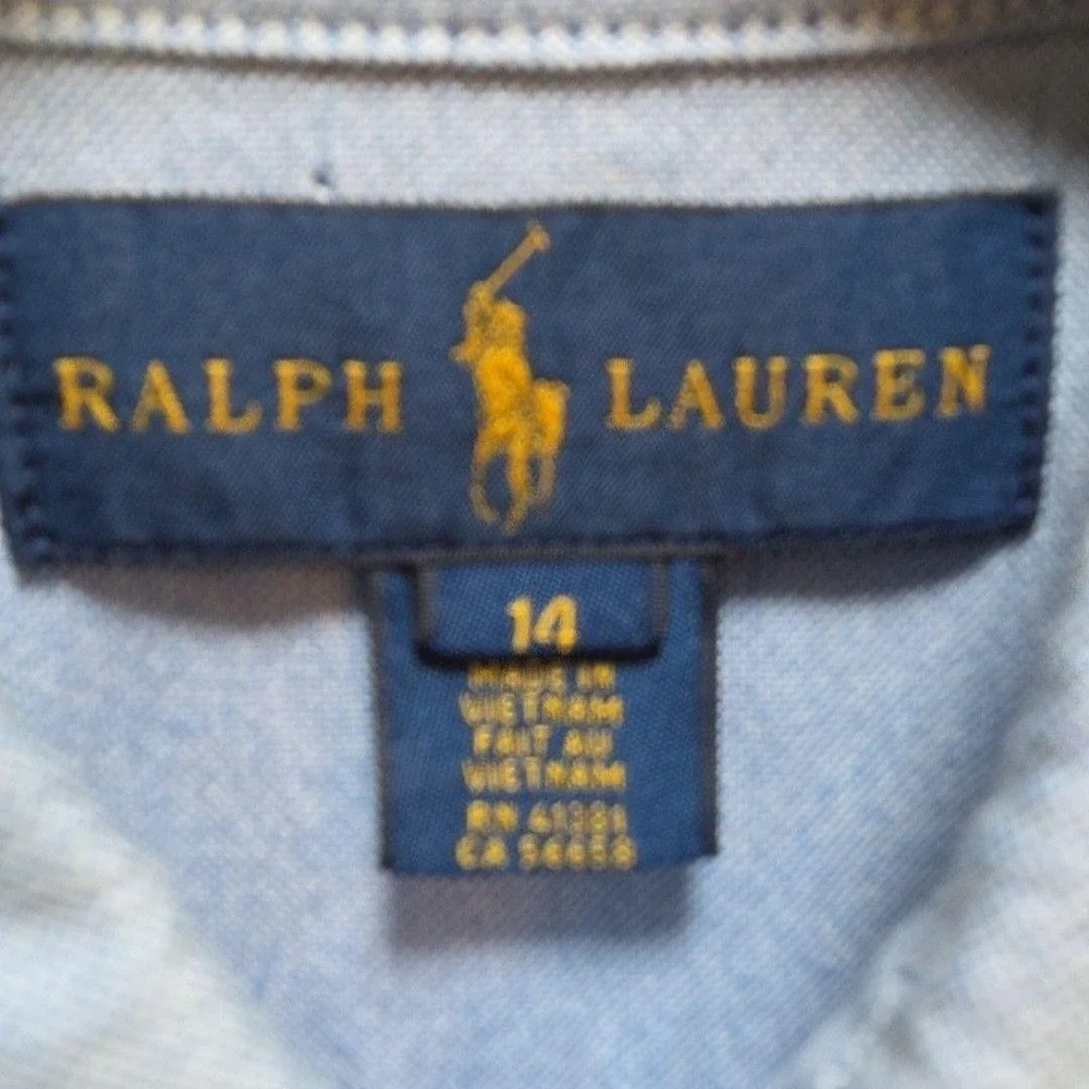 Ralph Lauren Shirt Boys 14 Blue Solid Oxford Button Down Long Sleeve Pony Logo